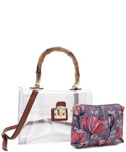 Bamboo Top Handle with Flower Pouch Clear Bag Set CR20412 BROWN